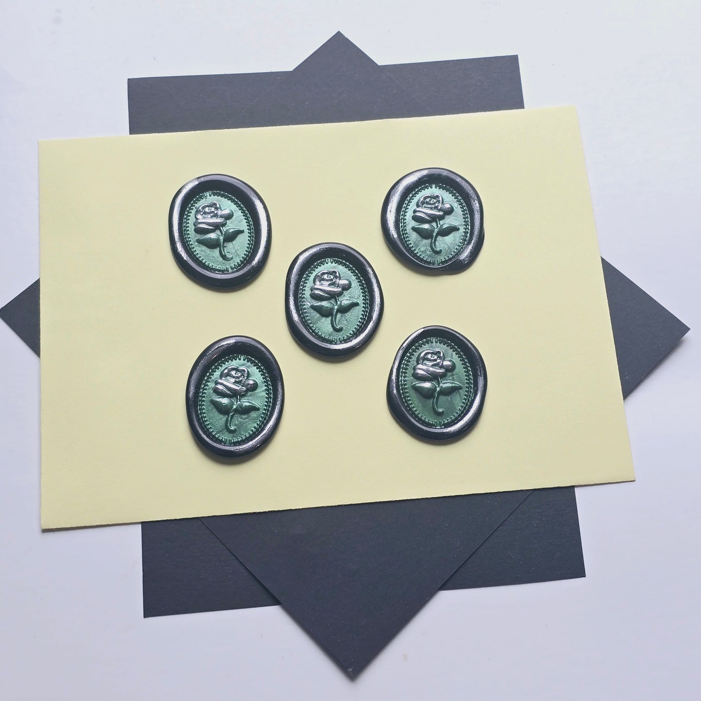 Rose Wax Seals Green, Silver & Black Set of Five