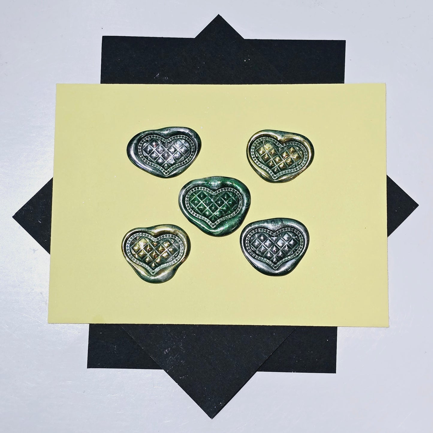 Heart Wax Seals Green Silver & Gold Set of Five