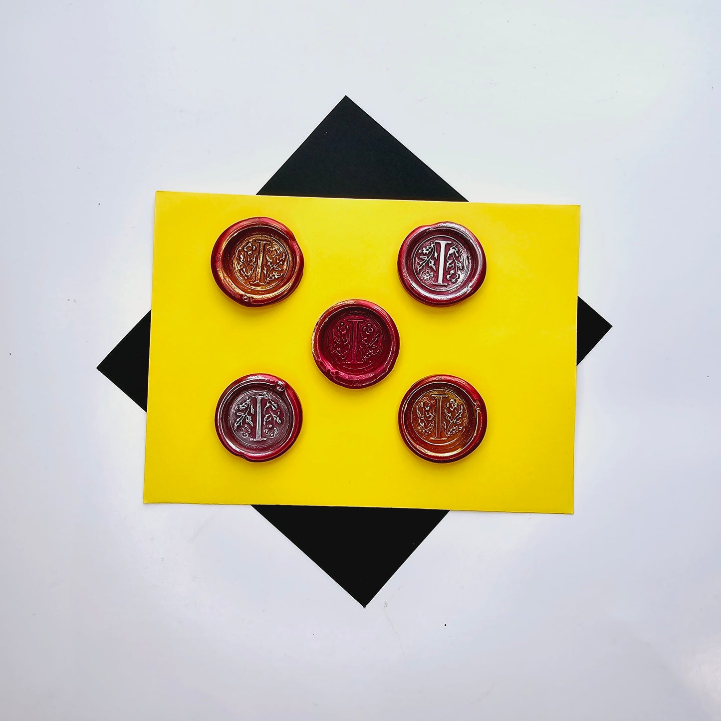 Letter I Wax Seals Metallic Deep Ruby Red Silver Gold Set of Five