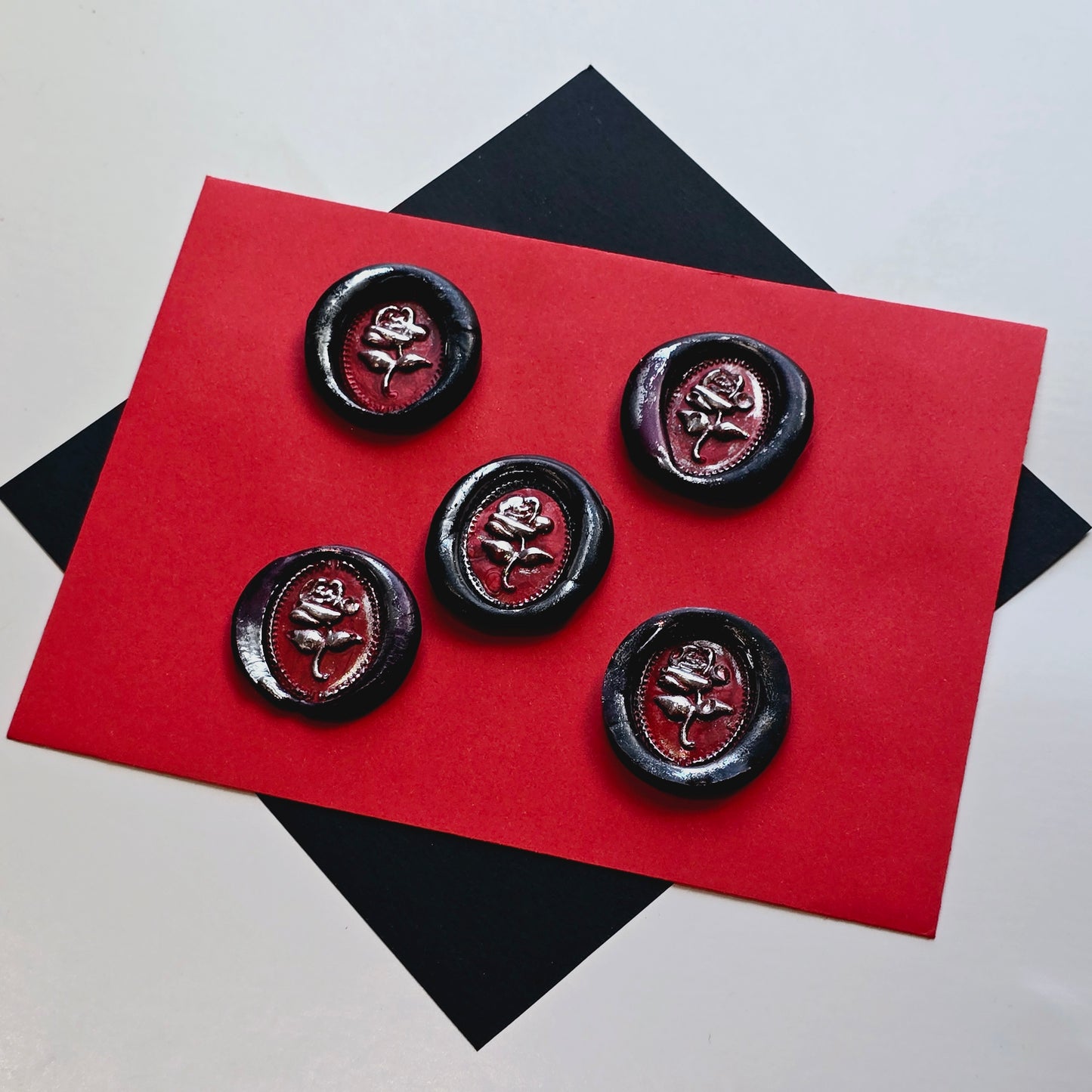 Rose Wax Seals, Black, Red & Silver Metallic Set of Five