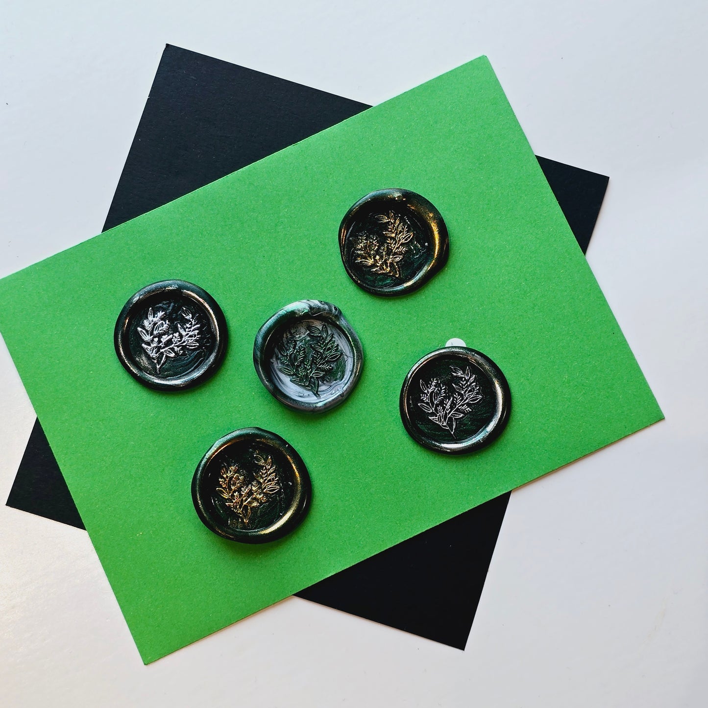 Eucalyptus Leaves Wax Seals Metallic Dark Green Silver Gold Set of Five