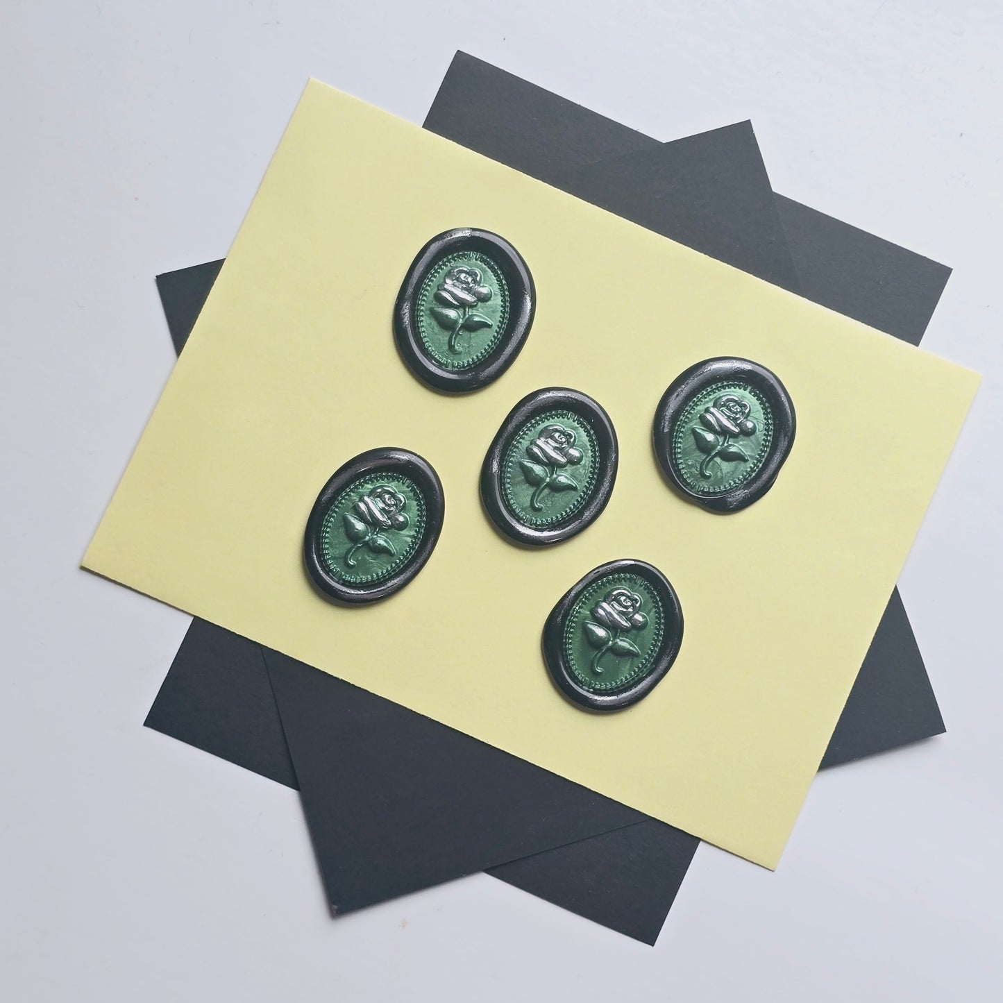 Rose Wax Seals Green, Silver & Black Set of Five