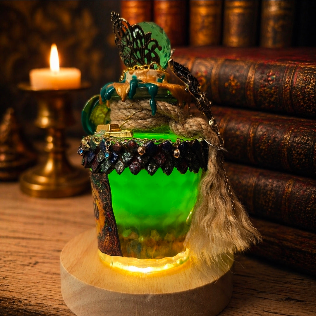 Dragon’s Gold Color Changing Potion – Fantasy Dragon Decor Elixir With Base Light