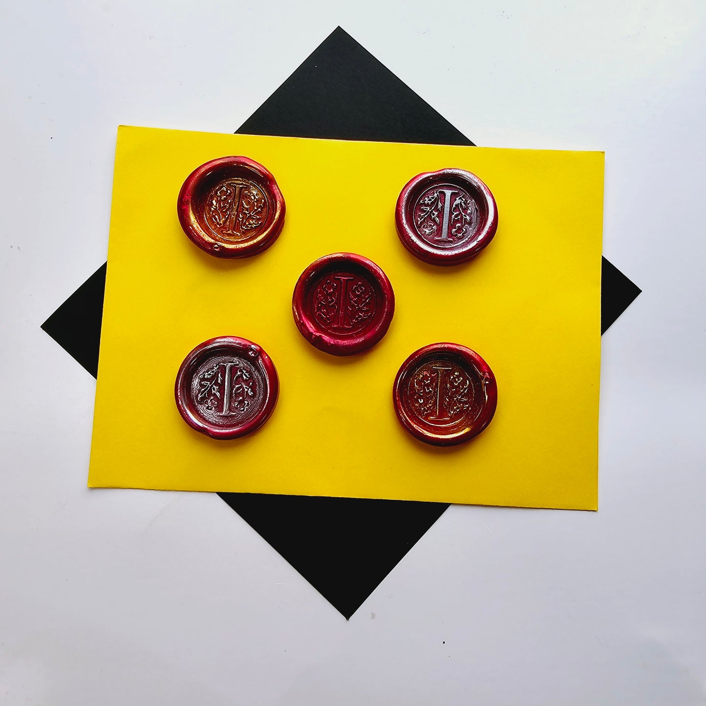 Letter I Wax Seals Metallic Deep Ruby Red Silver Gold Set of Five