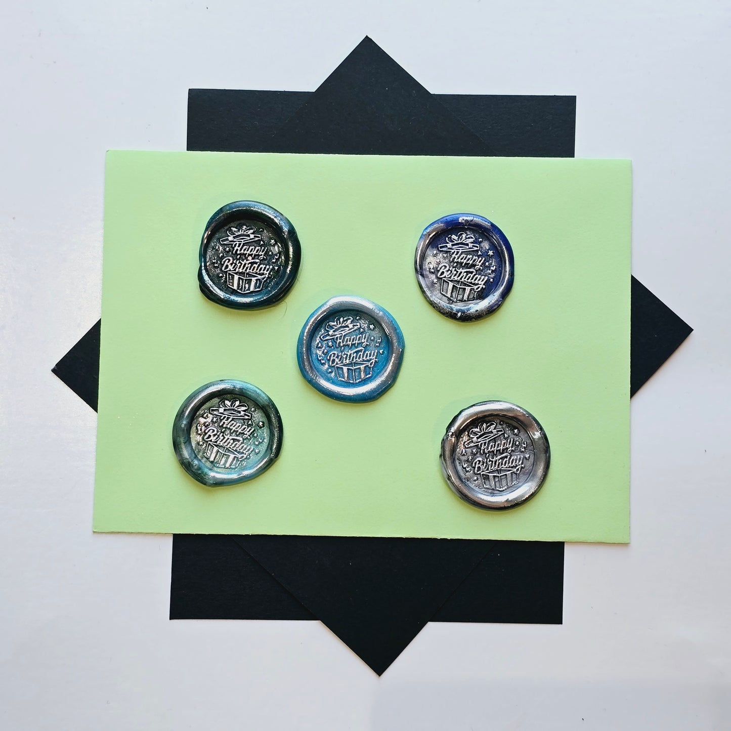 Happy Birthday Wax Seals Blue Green & Silver Set of Five