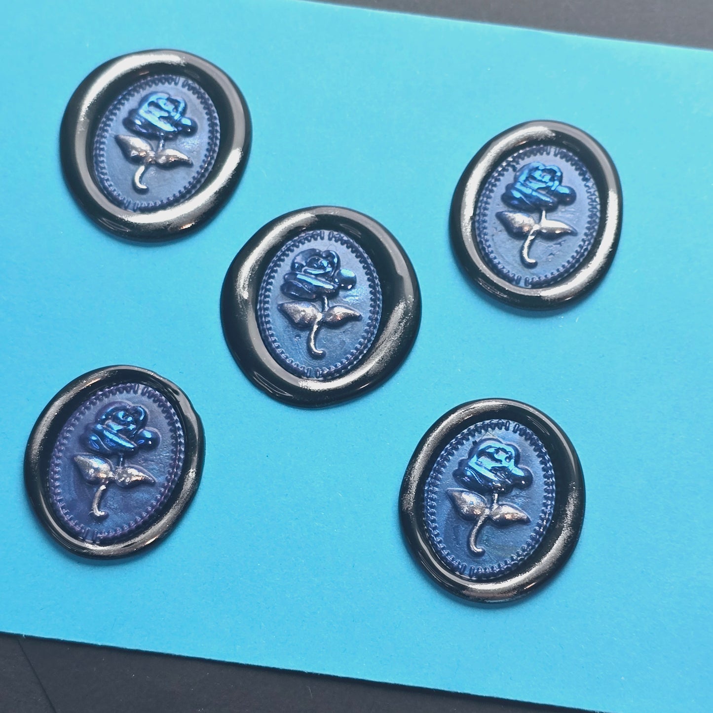 Rose Wax Seals Blue, Silver & Black Set of Five