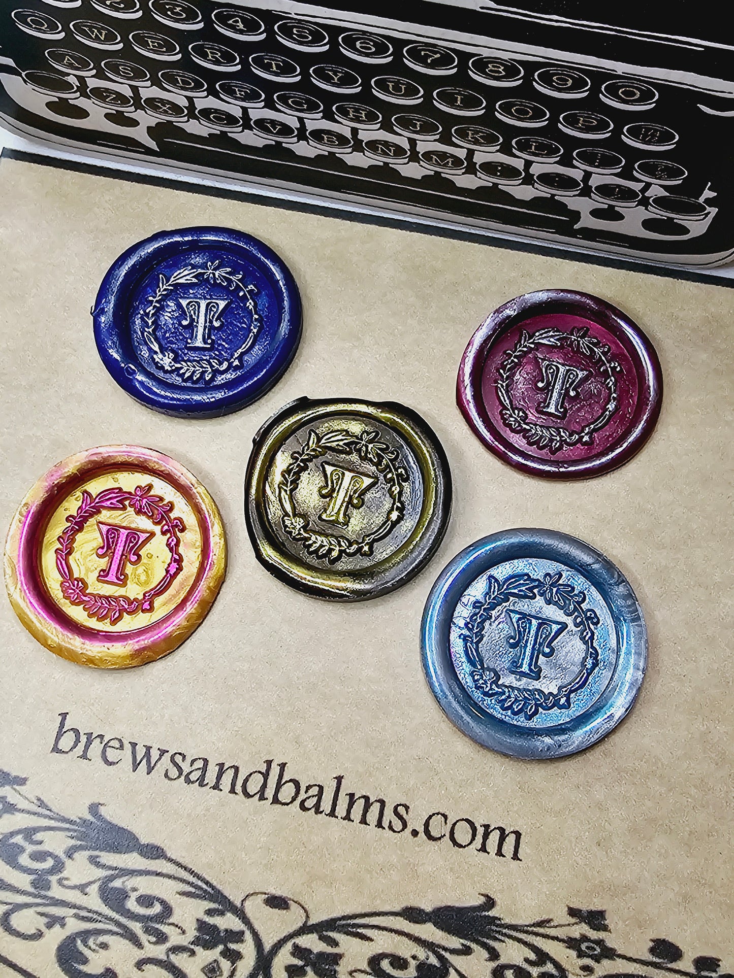 Letter T Wax Seal, Blue, Red, Gold, Black & Silver Metallic Set of 5 Wax Seals