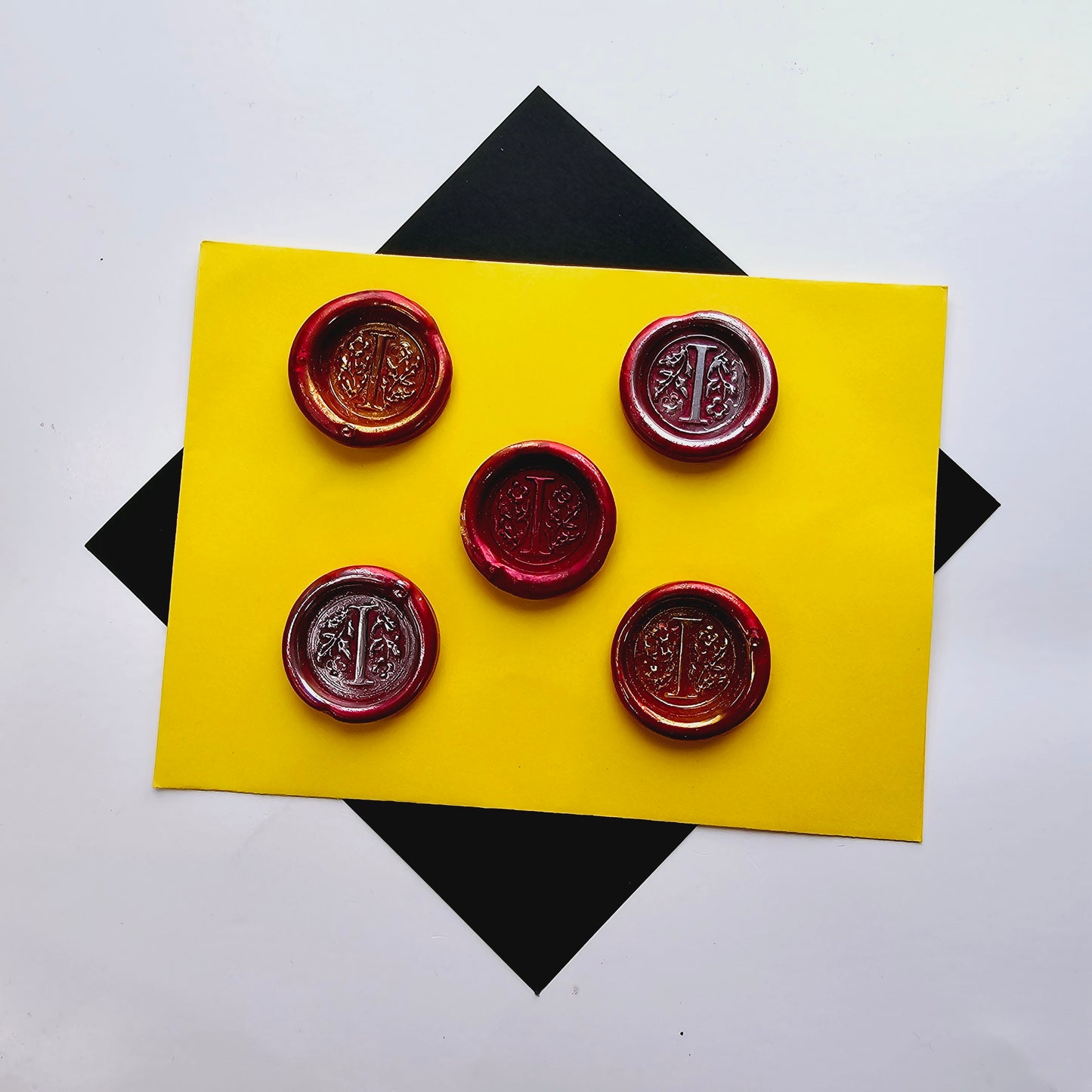 Letter I Wax Seals Metallic Deep Ruby Red Silver Gold Set of Five