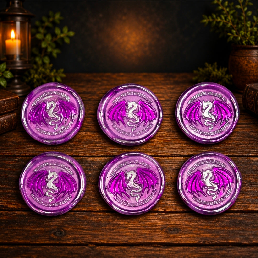 Handmade Dragon Wings Spread Wax Seals Lilac & Silver Set of SIX, with Adhesive Wax Seals for Cards, Invitations and Gifts