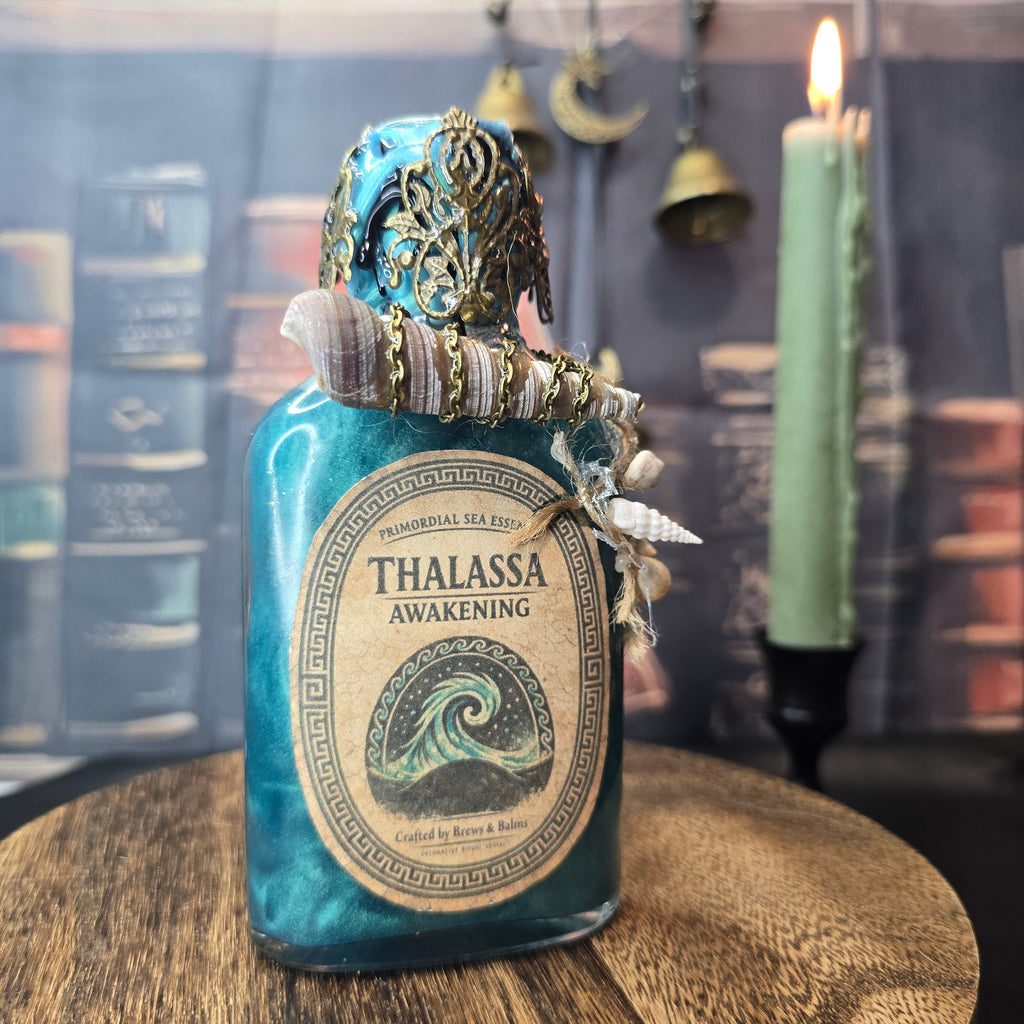 Handmade Thalassa Awakening Potion – Color Changing Ocean Decor Bottle – Black to Teal Greek Mythology Inspired Gift