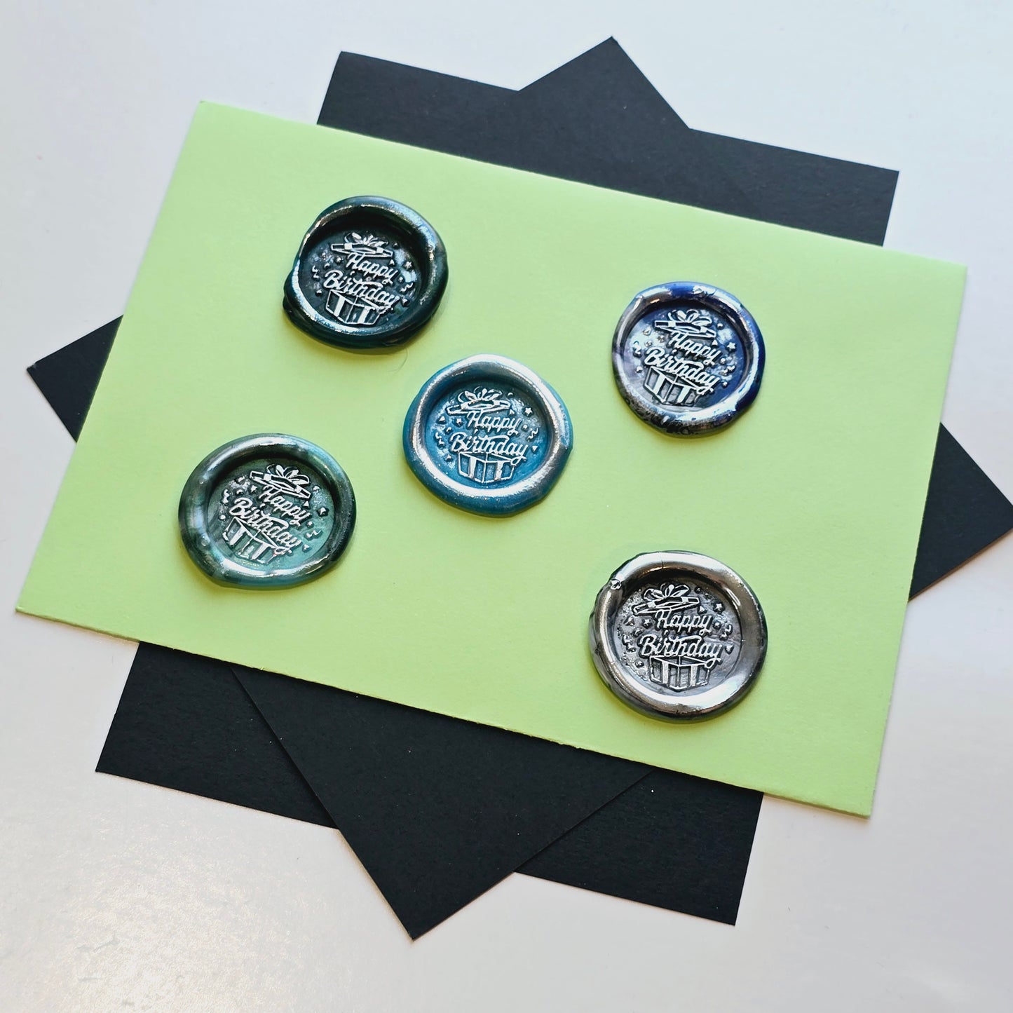 Happy Birthday Wax Seals Blue Green & Silver Set of Five