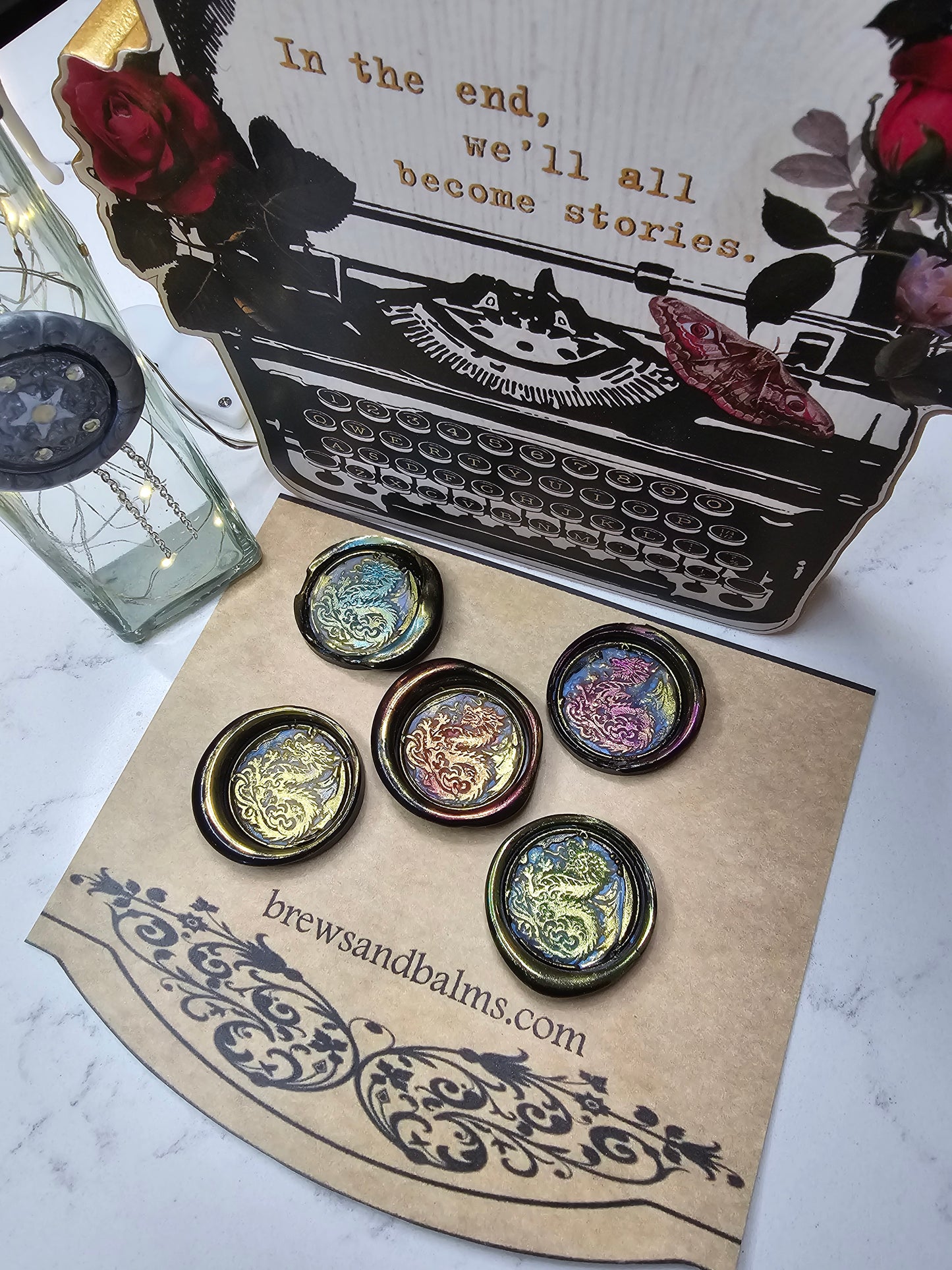 Lucky Dragon Wax Seals Metallic Marbled Black Multi Color Set of Five