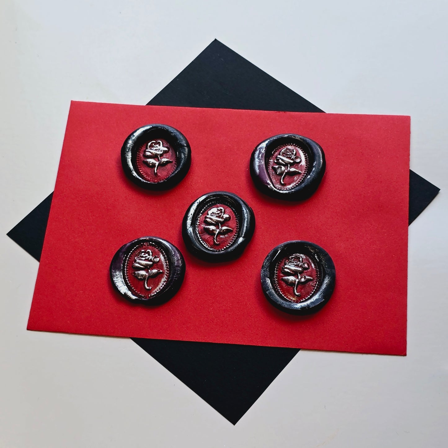 Rose Wax Seals, Black, Red & Silver Metallic Set of Five