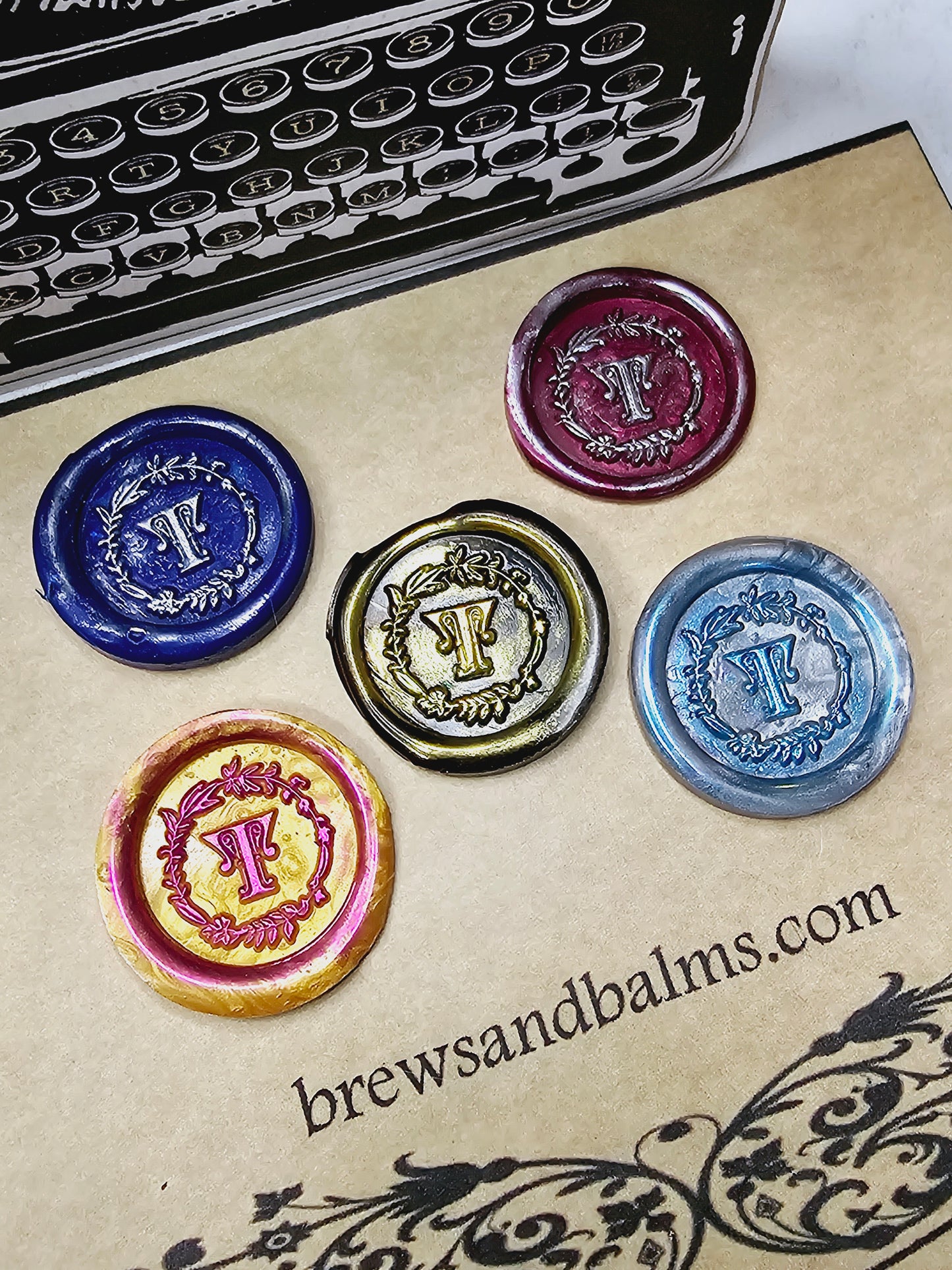 Letter T Wax Seal, Blue, Red, Gold, Black & Silver Metallic Set of 5 Wax Seals