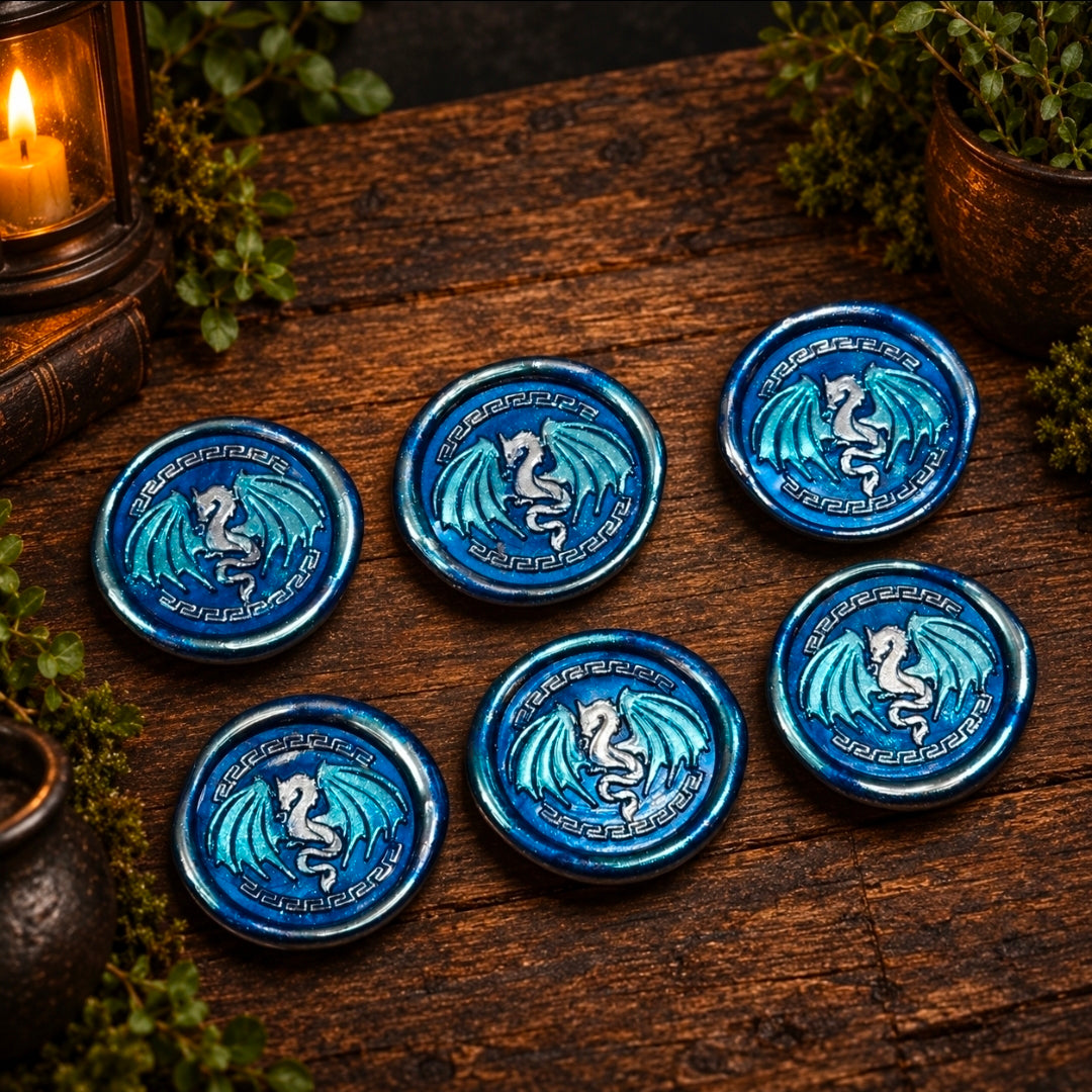 Handmade Dragon Wings Spread Wax Seals Blue & Silver Set of SIX, with Adhesive Wax Seals for Cards, Invitations and Gifts