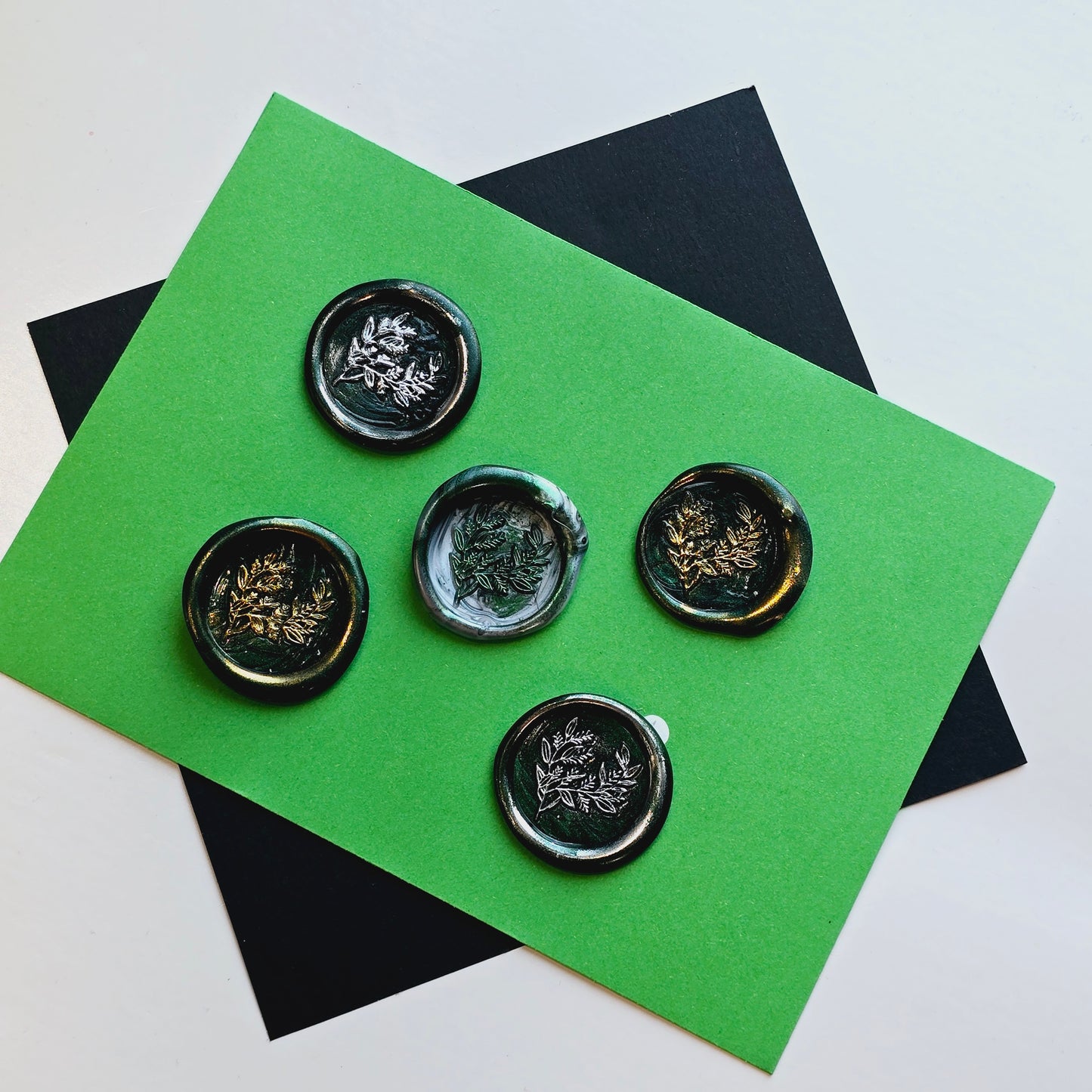 Eucalyptus Leaves Wax Seals Metallic Dark Green Silver Gold Set of Five