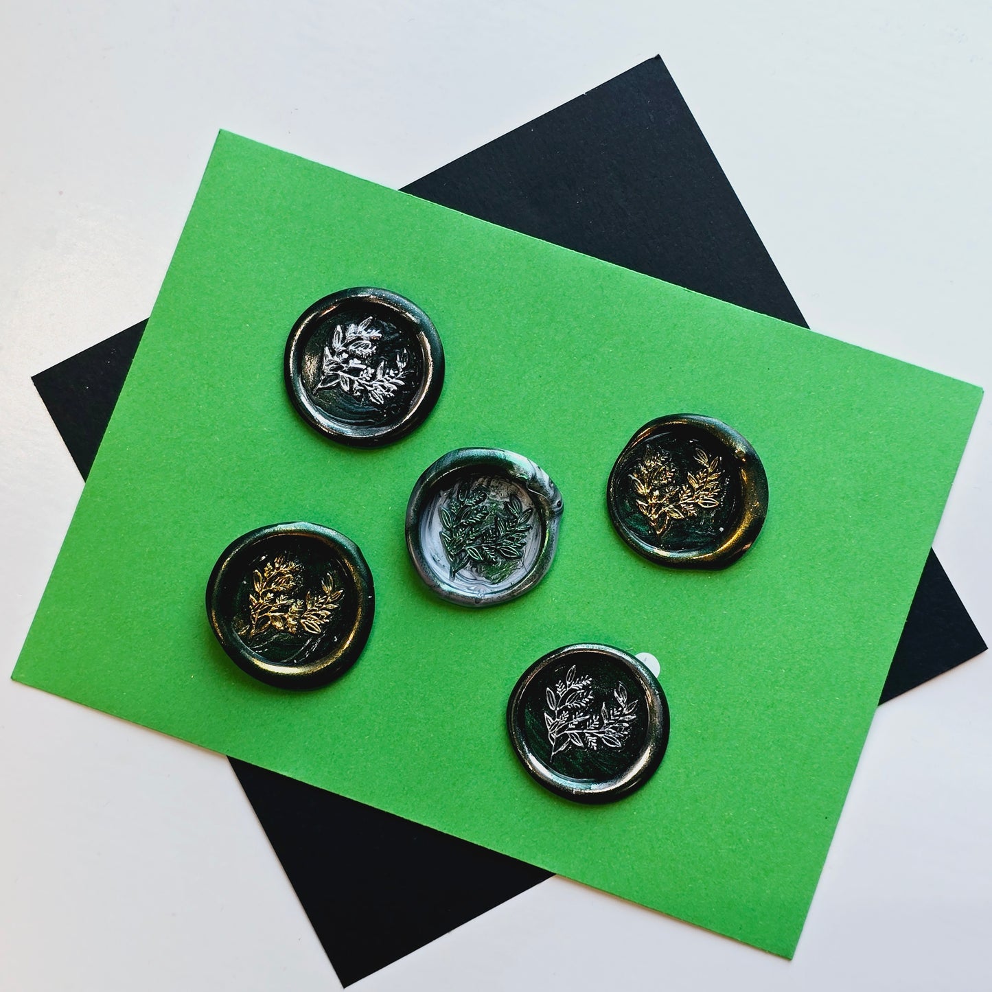 Eucalyptus Leaves Wax Seals Metallic Dark Green Silver Gold Set of Five