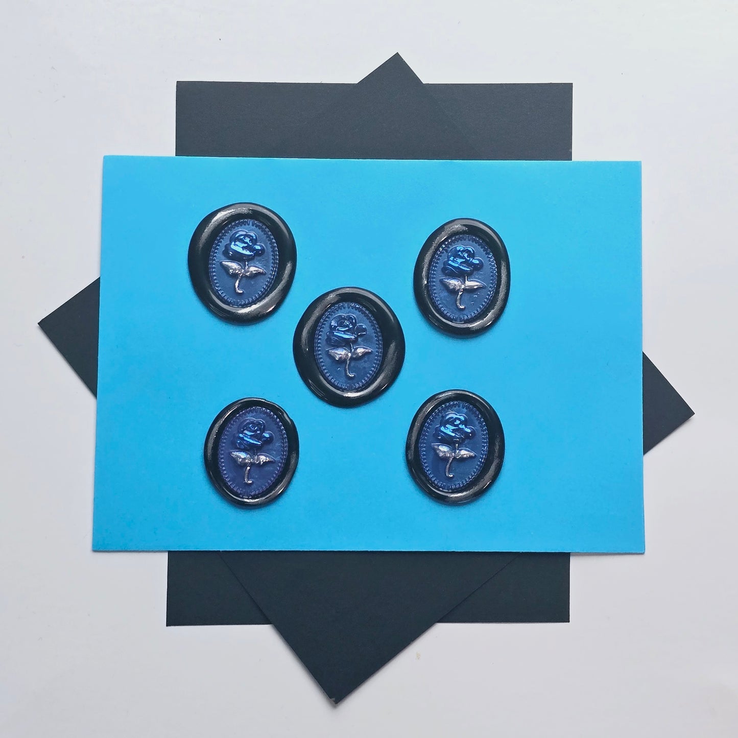 Rose Wax Seals Blue, Silver & Black Set of Five