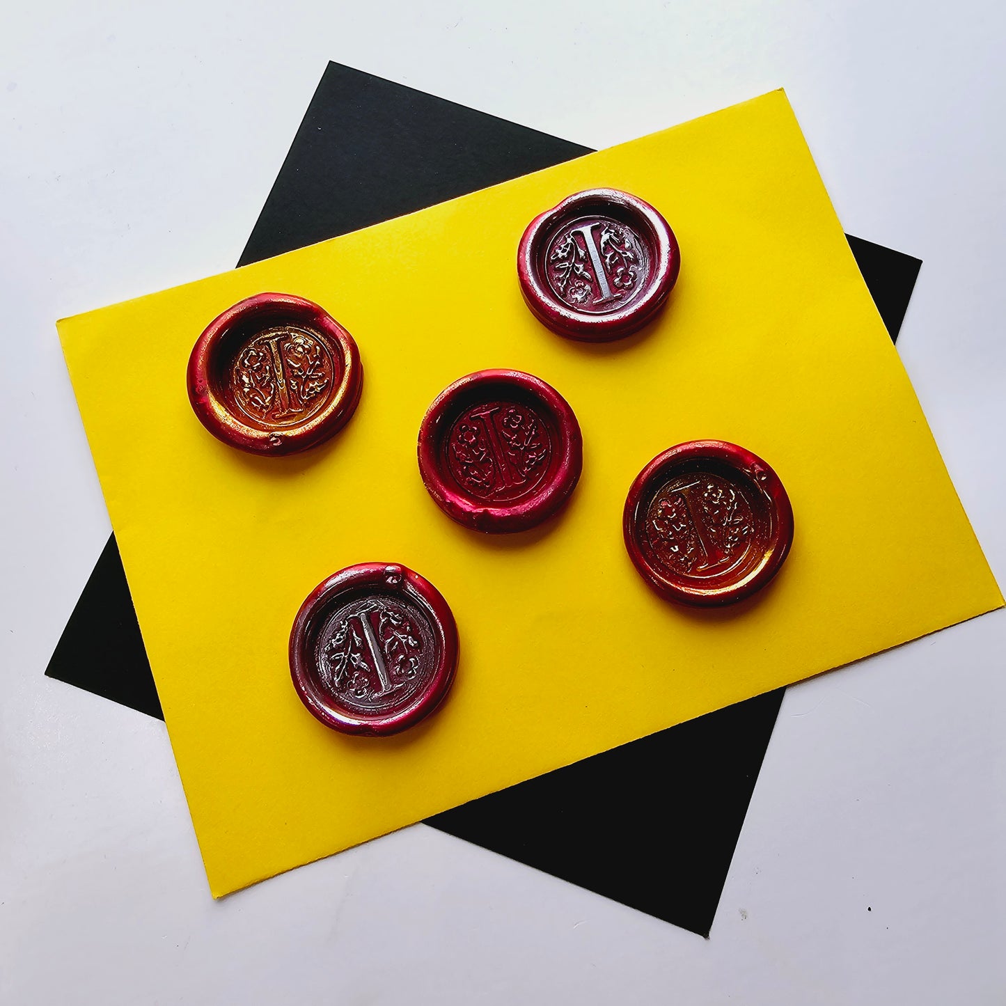 Letter I Wax Seals Metallic Deep Ruby Red Silver Gold Set of Five