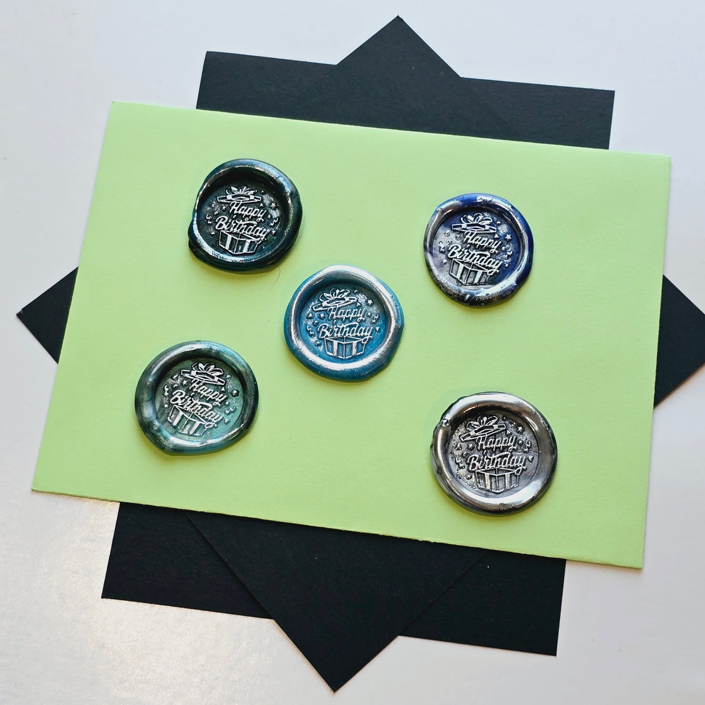 Happy Birthday Wax Seals Blue Green & Silver Set of Five