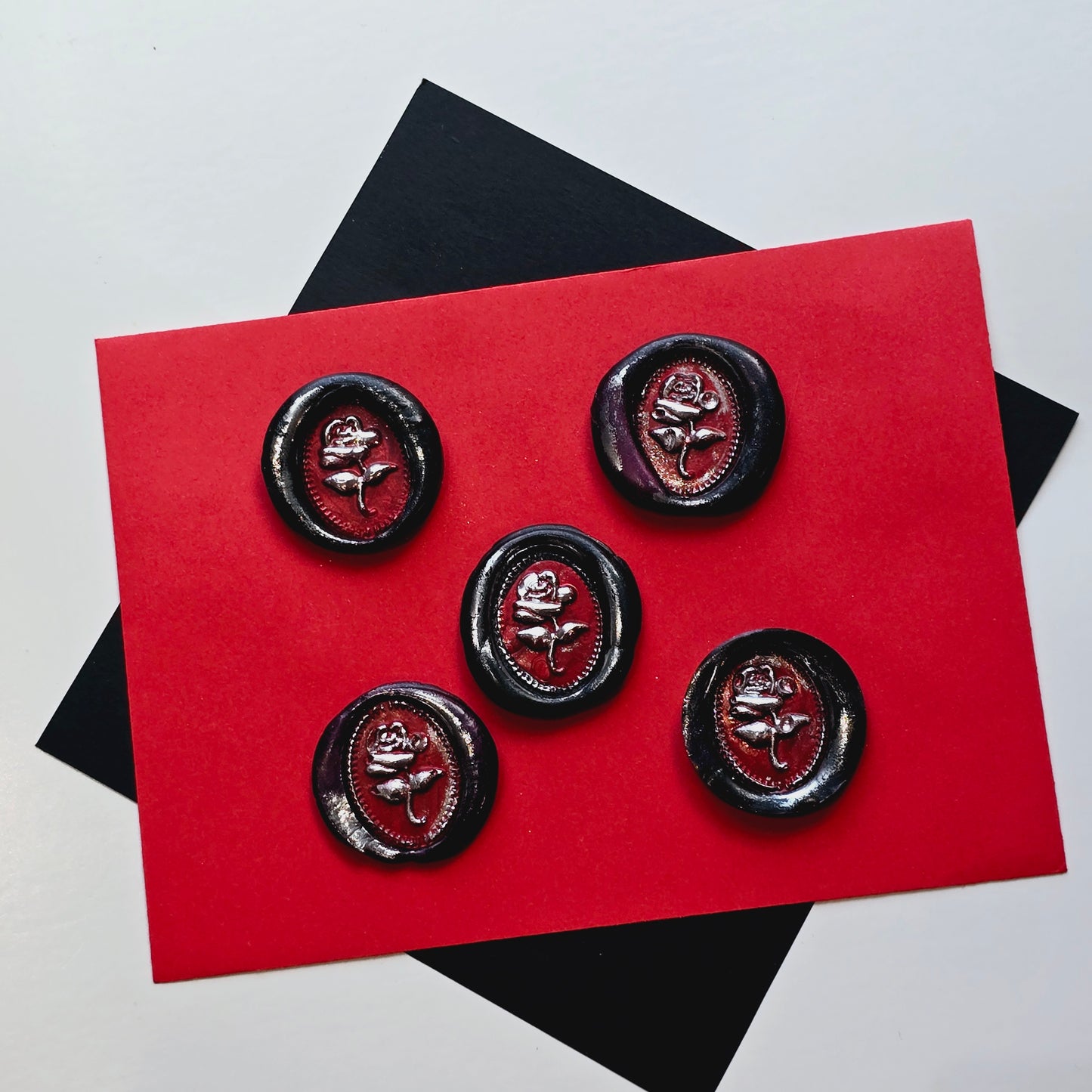 Rose Wax Seals, Black, Red & Silver Metallic Set of Five