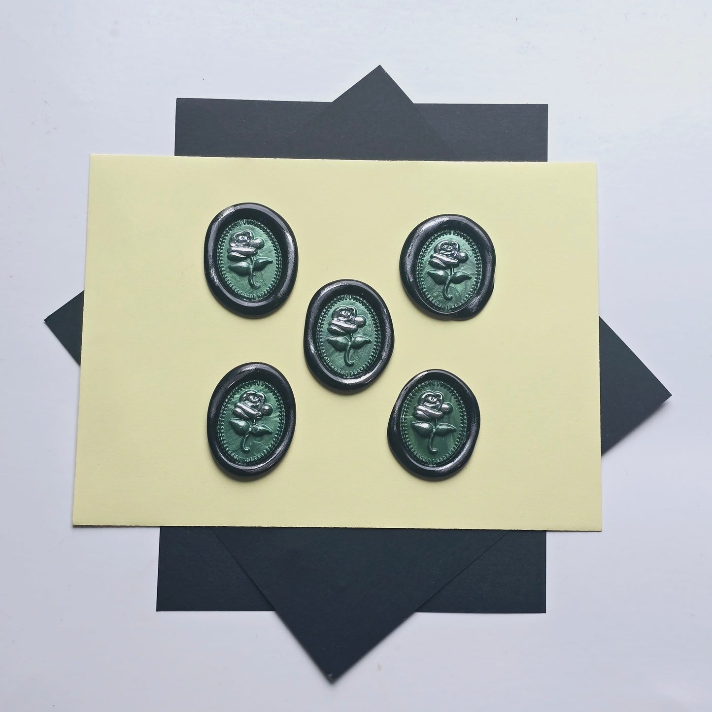 Rose Wax Seals Green, Silver & Black Set of Five