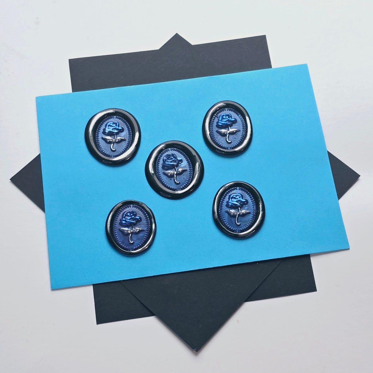 Rose Wax Seals Blue, Silver & Black Set of Five