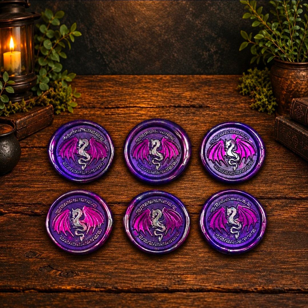 Handmade Dragon Wings Spread Wax Seals Purple & Silver Set of SIX, with Adhesive Wax Seals for Cards, Invitations and Gifts