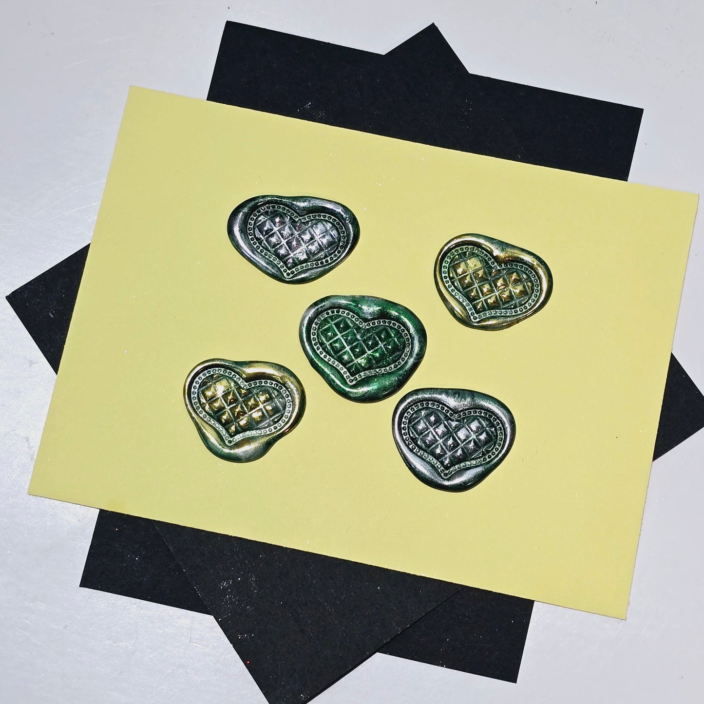 Heart Wax Seals Green Silver & Gold Set of Five